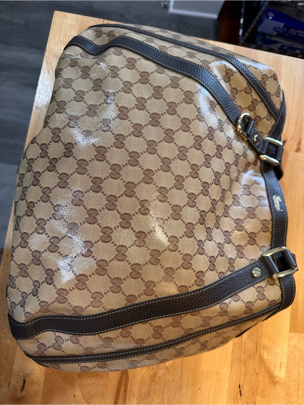 Gucci Brown Monogram Canvas Shoulder Bag with Dark Brown Trim